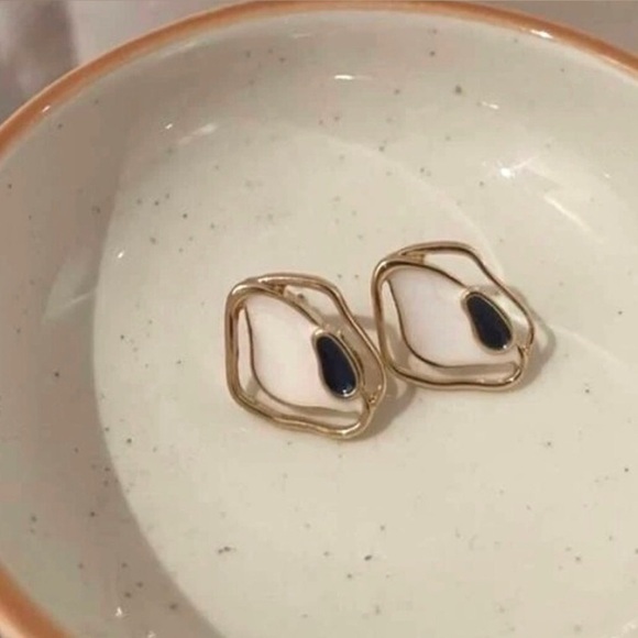 “Creamy Puddles” Artistic Artsy Art Deco Navy Blue Swirl Metallic Gold Wavy Stud - Picture 5 of 14